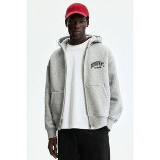H&M Oversized Fit Printed Zip-through Hoodie in Gray Melange/soho Nyc at Nordstrom, Size Xx-Large