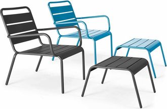 Oviala 2 sillones reclinables con reposapi&eacute;s de metal gris y azul pac&iacute;fico