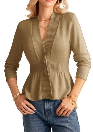 Grace Karin Womens Casual Long Sleeve V-Neck Cardigan Elegant Ruffle Hem Knitted Cardigan with Waist Khaki 2XL