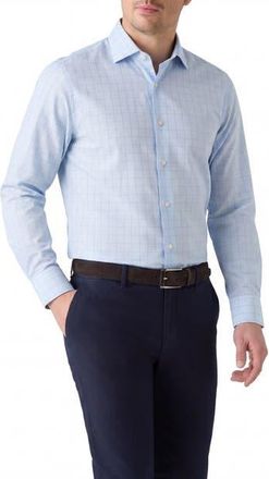 Robert Talbott Reynolds Blue Windowpane Cotton Linen Blend Shirt in Contemporary fit at Nordstrom, Size 17.5 - 35