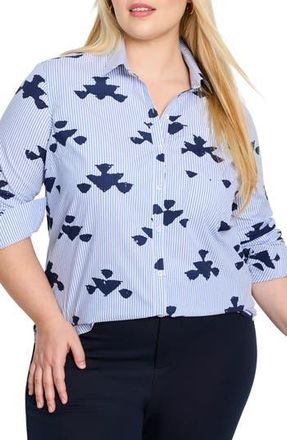 Nic+Zoe Stamped Stripe Stretch Cotton Button-Up Shirt in Blue Multi at Nordstrom Rack, Size 1X