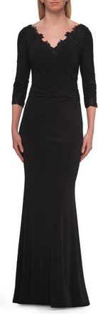 La Femme V-Neck Lace Trim Gown with Three-Quarter Sleeves in Black at Nordstrom, Size 16