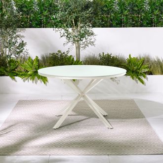 Furniturebox Nanterre Metal & Glass Round Outdoor Dining Table in Cream
