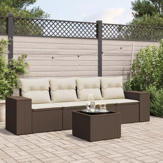 vidaXL Set Comedor De Jard&iacute;n 5 Piezas Y Cojines Rat&aacute;n Sint&eacute;tico Marr&oacute;n Vidaxl