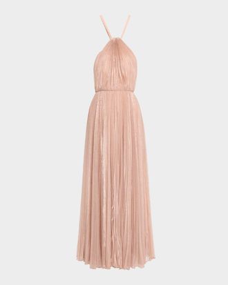 Halston Heritage Marisol Pleated Shimmer Halter Gown