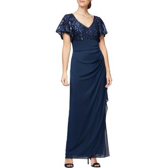 Alex Evenings Sequin Lace & Ruched Chiffon Gown in Navy at Nordstrom, Size 10P