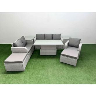 Fimous Patio pe Wicker 8 Seater Outdoor Rattan Furniture Sofa Sets with Adjustable Lifting Dining or Coffee Table Reclining Chair Loveseat Sofa 3 Seater