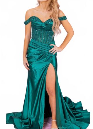 Sherri Hill Off The Shoulder Gown With Lace Corset Bodice In Green