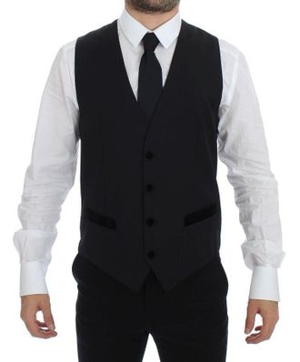 Dolce & Gabbana Mens Black Wool Vest Velvet Accents - Size EU 48 (Mens)