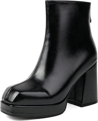 Generic Womens Square Toe Platform Block Heel Ankle Boots with Side Zipper, Minimalist Versatile Style,Black,5.5 UK