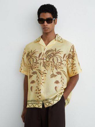 Reiss Yellow Palm-print Cuban-collar Shirt, Xxl