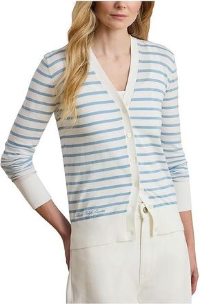 Lauren Ralph Lauren Striped Cotton V-Neck Cardigan Womens Sweater White/Blue Note : LG