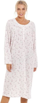 Camille Ladies Long Sleeved Nightdress - Rose Print Womens Nightwear - Nightie with Round Neck Button Fastening Pink 18-20