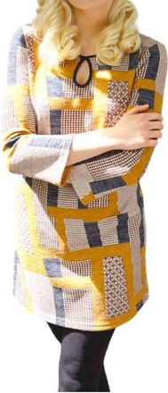 Papillio Geometric Print Keyhole 3/4 Sleeve A-Line Dress In Mustard