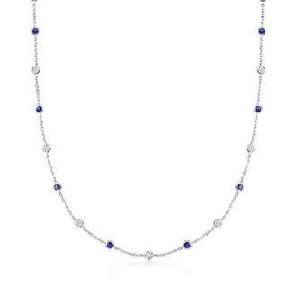 Ross-Simons CZ and Simulated Sapphire Station Necklace in Sterling Silver
