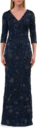 La Femme Stunning Beaded Stretch Net Jersey Gown in Navy at Nordstrom, Size 10