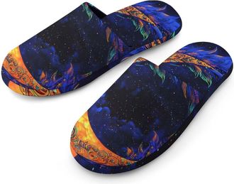 Generic Moon G-alaxy Flannel Mens Slip-on Slippers Winter Warm House Shoes with Rubber Sole for Home Hotel
