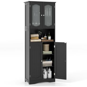 Costway Tall Bathroom Storage Cabinet Tempered Glass Door Pantry Cabinet-Black