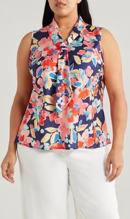 Tahari by ASL Floral Sailor Tie Neck Sleeveless Top in Navy Coral Floral at Nordstrom, Size 3X