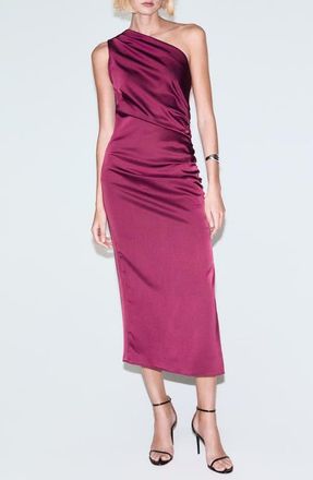 Mango Ruched One-Shoulder Satin Maxi Dress in Fuchsia at Nordstrom, Size 4