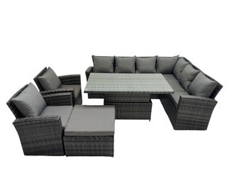 Fimous 9 Seat Rattan Garden Furniture Corner Sofa Set with Big Footstool in Dark Grey