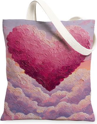 Generic Heart Cloud Canvas Tote Bags, Peach Art Pattern Reusable Grocery Bags, Spring Vintage Lightweight Washable Shoulder Strap C, Peach, 13x15 Inch