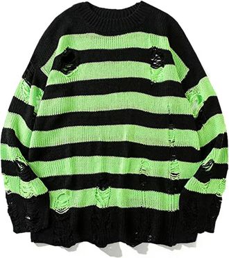 Generic Black Stripe Sweaters Destroyed Ripped Sweater Men Pullover Hole Knit Jumpers Men Oversized Sweatshirt Harajuku Long Sleeve Tops-Black Green-L