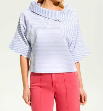 FDJ Poplin Crossover Neck Top In Blue Stripe