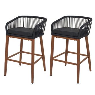 Hhg Juego De 2 Taburetes De Bar De Cuerda Hhg-110, Asiento De Exterior De Cuerda De Metal Imitaci&oacute;n Madera, Antracita, Coj&iacute;n Gris Oscuro