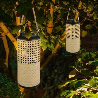ETC Shop Lampada a luce solare da giardino in bamb&ugrave; lampade solari lanterna in rattan da posare e appendere, 1x led bianco caldo, DxH 12 x 45 cm, set da 2