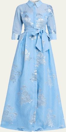 Teri Jon Metallic Jacquard Collared Long Dress
