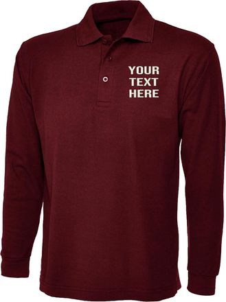 Generic Personalised Embroidered Longsleeve Adults Classic Poloshirt, Free Left Chest Text Polo Shirt, 50% Polyester 50% Cotton Longsleeve Polo Shirt Maroon