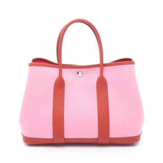 Herm&egrave;s Pink Red Color Toile Officier Negonda Leather Handbag Tote Bag (Pre-Owned)