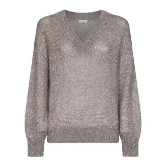 Brunello Cucinelli Jumpers - female - Brunello Cucinelli - V-neck Knitwear - Beige - XS - Knitwear