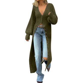 Generic Cardigans for Women UK Plus Size Maxi Long Cardigan Button Up Open Front Sweaters Elegant Plain Plunge Coatigans Warm Soft Casual Sweater for Autumn W