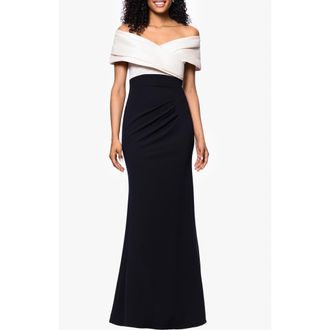 Betsy & Adam Off the Shoulder Scuba Crepe Gown. in Champagne/Black at Nordstrom Rack, Size 6