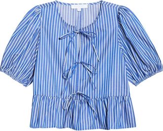 Sugarlips Vester Tie Front Puff Sleeve Top in Blue/White at Nordstrom, Size X-Large