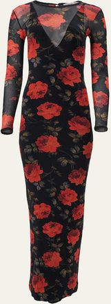 Carolina Herrera Rose-Print Mesh Long-Sleeve Maxi Dress