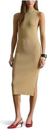 Lauren Ralph Lauren Ribbed Sleeveless Mockneck Sweater Dress Womens Dress Birch Tan : XL, Nylon/Viscose