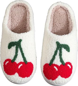 Generic Fruit Slippers Cherry Slippers Women Red Cherry Slipper For Ladies Warm Cozy Sliders Plush Fuzzy Cushion Sliders Fluffy Home Slides Slip-On House Slip