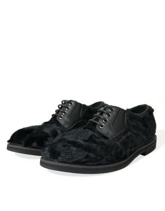 Dolce & Gabbana Mens Black Fur Leather Lace Up Derby Dress Shoes