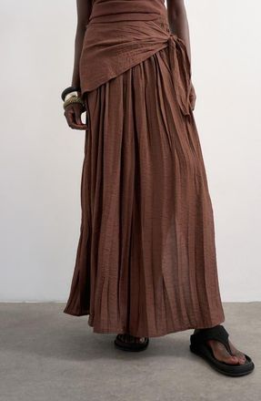 Topshop Sash Tie Crinkle Maxi Skirt in Brown at Nordstrom, Size 14