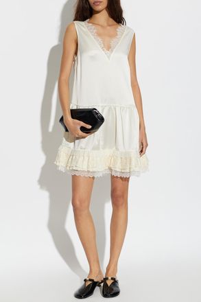 Ganni Satin Dress With Lace Inserts, Womens, Cream