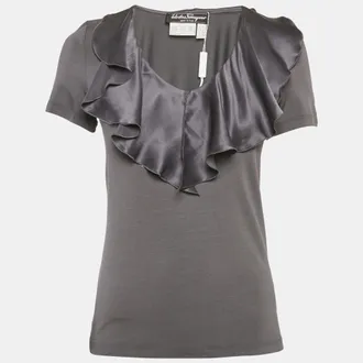 Ferragamo Grey Knit & Silk Ruffle Neck Top