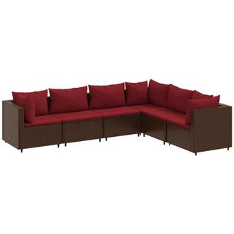 vidaXL Set Muebles De Jard&iacute;n 6 Piezas Y Cojines Rat&aacute;n Sint&eacute;tico Marr&oacute;n Vidaxl