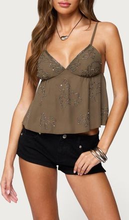 Edikted Raia Beaded Babydoll Camisole in Olive at Nordstrom, Size X-Small