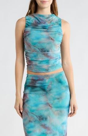 Leith Ruched Mesh Tank in Blue Mineral Print at Nordstrom Rack, Size X-Small