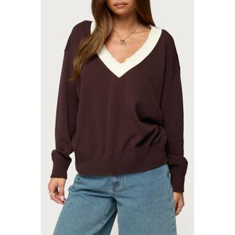 Edikted Marie Lace Contrast Cotton V-Neck Sweater in Brown at Nordstrom, Size X-Small