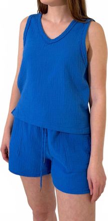 bobi V- Neck Raw Edge Tank In Bluejay
