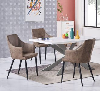 Life Interiors Life Interiors - Duke Lux Zarah Dining Set - Un Tavolo Da Pranzo In Legno Bianco E Un Set Di 4 Sedie Da Pranzo In Pelle Marrone Chiaro - Sala Da Pranz